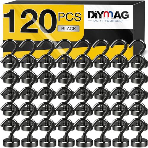 DIYMAG Magnetic Hooks, 30Lbs Black Strong Heavy Duty Cruise Magnet Garage S-Hooks for Classroom, Fridge, Hanging, Cabins, Grill, Kitchen, Garage, Workplace and Office Etc, 120 Pack