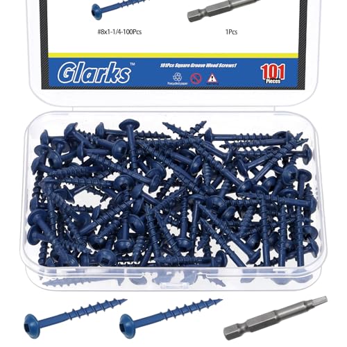 Glarks 100pcs #8 x 1-1/4’’ Pocket Hole Screws with Square Drill Bit Kit, Blue Coated Square Drive Wood Screws, Washer Head Coarse Thread Screw for Woodworking, Furniture - size: 100pcs 8x1-1/4