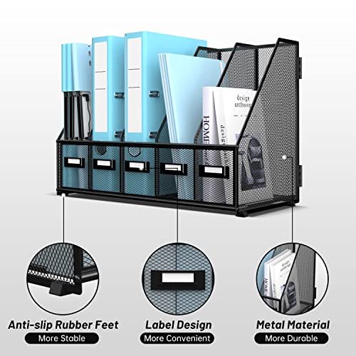 SUPEASY Desk Organizers Metal Desk Magazine File Holder with 16''x12''x12'' 5 Vertical Compartments Rack File Organizer for Office Desktop, Classroom, Home Workspace, Black Plus - color: Black, size: Large