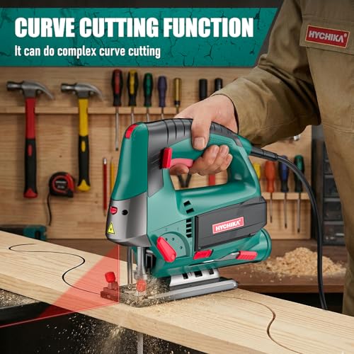 HYCHIKA 6.7A 800W Corded Jig Saw, Jigsaw Tool Power Jig Saws,6‑Speed Up to 3000 SPM, 4 Orbital Settings, Laser Guide, ±45° Bevel Cutting, Tool‑Free Blade Change, 6 Blades for Wood Metal Plastic