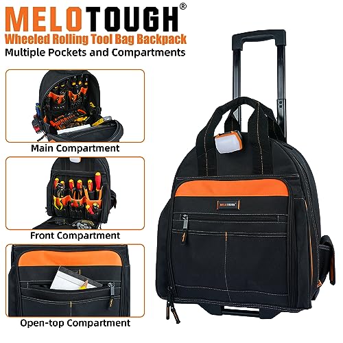 MELOTOUGH LED-Light Rolling Tool Bag Heavy-Duty 18" Wheeled Tool Organizer with Telescoping Handle for Electrician,Construction,HVAC,Service Technician,Plumbers, Repairs,Mechanic - color: Orange Rolling Tool Bag