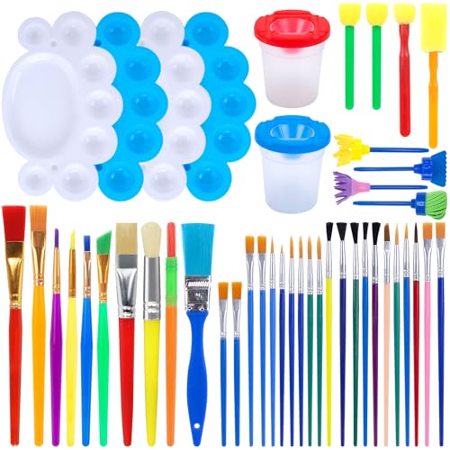BigOtters 45PCS Kids Paint Brushes Set with Spill Proof Cups & Palettes