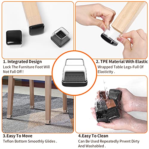 Ezprotekt Chair Leg Sliders for Carpet, 24 Pcs Square Chair Glides for Carpet, Carpet Furniture Pads Stool Leg Protectors Caps, Carpet Furniture Glides Quickly and Easily (L Fit:1" - 1.4") - size: L-Clear