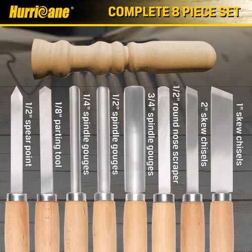 HURRICANE 8pc Wood Lathe Turning Tool Set, Wood Turning Chisel Set for Woodworking. 2 Skew 1 Spear Point 1 Parting 1 Round Nose & 3 Gouge Tools with 1 Canvas Bag Packaging