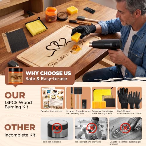 13PCS Wood Burning Paste Kit, 4OZ Wood Burning Gel with Single Sided Wood Burning Pen Marker for Easy Application & Beautiful Engravings, Ideal DIY Craft Kit for Beginners and Handmade Enthusiasts