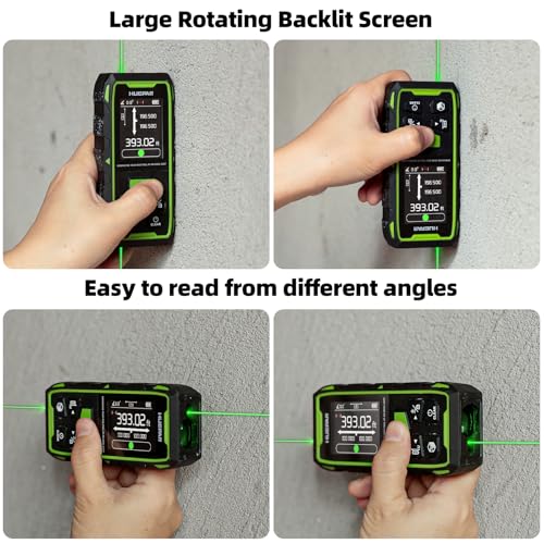 Huepar Dual Laser Measuring Tool, 656Ft Green-Beam Bilateral Digital Laser Distance Measure 6 Units Ft/in/M, Rechargeable Laser Measurement Tool -Backlit LCD Display, Length/Area/Volume/Angle Sensor