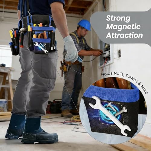 Magnetic Tool Belt, Heavy Duty Tool Pouch for men Magnet Holster Nail Utility Toolbelt Adjustable Waist Holder for Handyman Contractor (26 pockets with suspenders) (Blue) - color: Blue