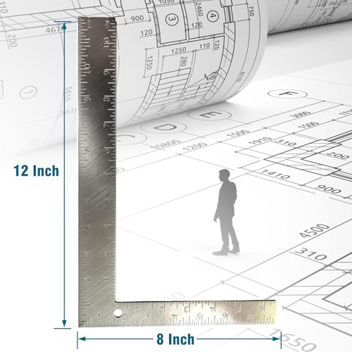 Professional 8x12 Inch Carpenter Square - Heavy-Duty Carbon Steel Framing Tool with Dual-Scale (Imperial/Metric), Rust-Resistant Right Angle Ruler for Carpentry, Roofing & Layouts - color: Silver
