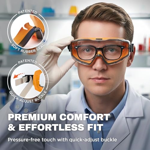 SPEXTRA Safety Goggles Over Glasses Anti-Fog Clear Lens, ANSI Z87.1 Impact Resistance, UV Protection, Lab Chemistry Goggles with Adjustable Headband, Quick-Adjust Buckle, Eyewear for Men Women