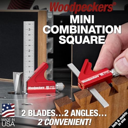 Woodpeckers Mini Combination Square, Check Square and 45° in Tight Joinery with 1/2" and 1/4" Blades, Made in USA - MNCSQ-AL