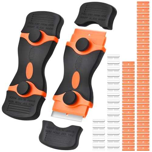 2 Pack Razor Blade Scraper Tool, 2-in-1 Razor Scraper With 60 Pcs Razor Blades 20 Pcs Metal and 40 Pcs Plastic Razor Blades, Cleaning Scraper Tool, Cooktop, Paint, Glass Scraper, Decal, Sticker, Label