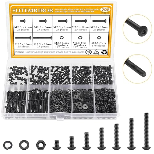 705 Pieces M2.5 Screws Nuts Washers Set Black, Sutemribor M2.5 x 4/6/8/10/12/16/20mm Button Head Socket Cap Screws Nuts Washers Assortment Kit, 10.9 Grade Alloy Steel, Fully Threaded - size: M2.5 x 4/6/8/10/12/16/20mm Kit, style: Button Head