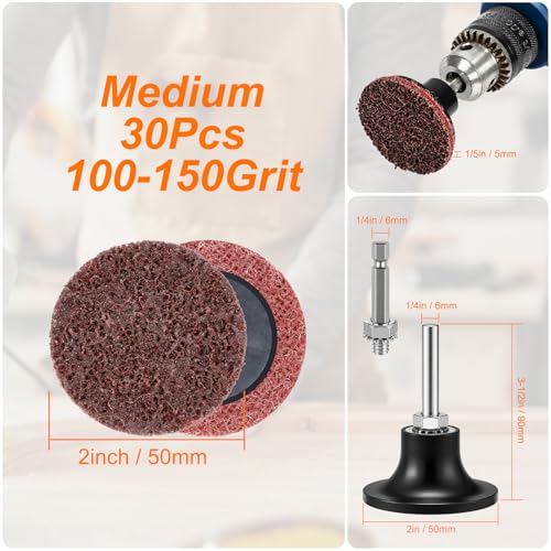 30 Pcs Quick Change Surface Prep Discs, 2 Inch(Coarse to Extra Fine) Aluminium Oxide Nylon Roll Lock Sanding Discs, with 1/4" Round & Hex Shank, for Die Grinder, Grinding, Polishing - color: Red 30 PCS
