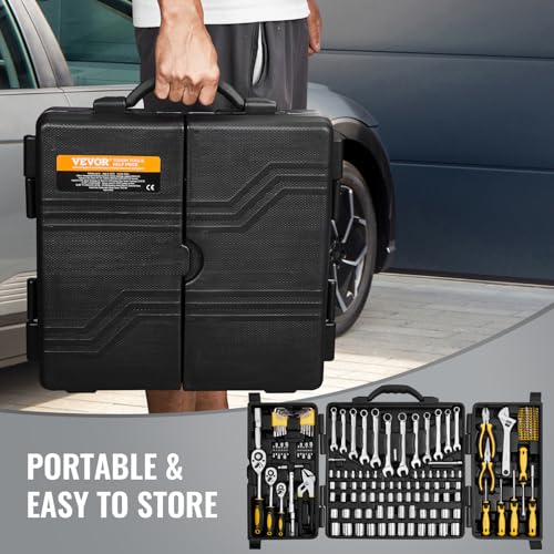 VEVOR Mechanics Tool Set 207 Pieces 1/4" 3/8" 1/2" Drive Sockets -SAE and Metric Mechanic Tool Kit with Bits - Wrenches, Ratchet Handle, Accessories, and Plastic Storage Case - for Automotive Repair - size: 207-PCS