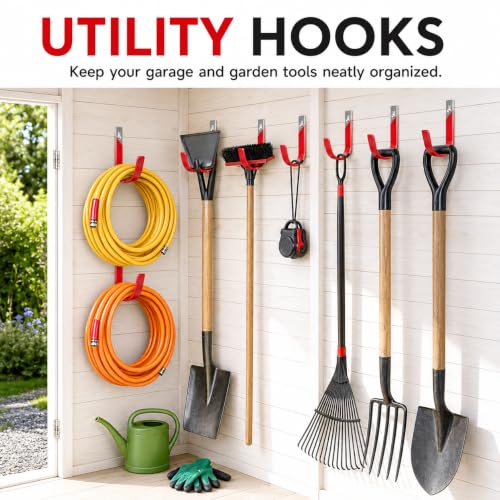 Heavy Duty Metal Garage Hooks Wall Mount 2 Pack, Garage Hanger Utility Storage Hooks for Outside, Hose Rack Suitable for Garage,Garden and Yard,Red