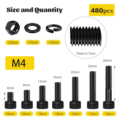 480PCS M4 Socket Head Screws Assortment Kit,M4x6/8/12/16/20/30 mm - size: M4 480pcs