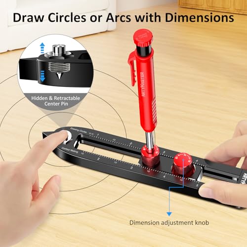 ARTYMASTER Multi-Function Scribing Tool, DIY Woodworking Scriber Line Maker, Portable Aluminum Alloy Woodworking Compass Scriber Tool, Inch Circle Marking Gauge,Deep Hole Carpenter Pencils 6 Refills.