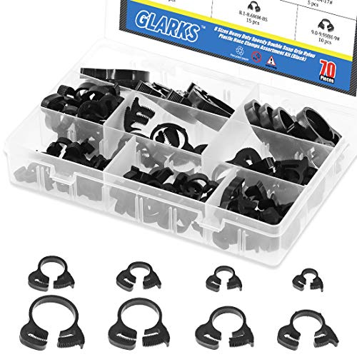 Glarks 70Pcs 8 Size Heavy Duty Black Double Gripping Nylon Hose Clamps Set, 6.6-27.2mm Plastic Snap Ratcheting Clamps Assortment Kit (Black 70Pcs)