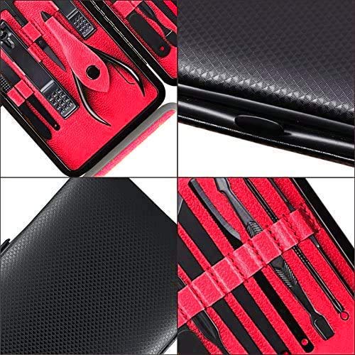 Professional Stainless Steel Nail Clipper Travel & Grooming Kit Nail Tools Manicure & Pedicure Set of 15pcs with Luxurious Case (Black/Red) - color: Black/Red
