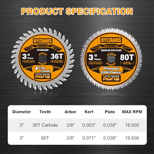 3 Inch Circular Saw Blades 36T TCT(Tungsten Carbide Tipped) & 80T with 3/8 Inch Arbor for Cutting Wood, Plastic, PCV, Acrylic, Aluminum, 4-Pack