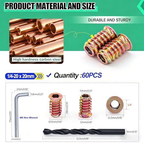 Twidec/60PCS 1/4"-20 Threaded Inserts for Wood Furniture Screw-in Nut Wood Inserts Bolt Assortment Kit with M6 Hex Wrench (1/4"-20 x20mm) N-059-1/4x20 - size: 1/4"-20 x 20mm (60 PCS)