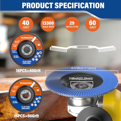BURMONG 30PCS Flap Disc for Angle Grinder 4-1/2" - 40/60/80/120 Grit T29 Zirconia Abrasive Grinding & Sanding Discs, 7/8 Inch Arbor, for Metal, Wood & Stainless Steel Finishing (40+60 Grit Set)