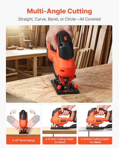 VEVOR 20V Brushless Cordless Jig Saw, 7/8" Jigsaw Tool for Makita 18V Battery, 3500 SPM & 6 Variable Speed, Battery & Charger, LED Light, 0-45° Bevel Cuts, 6 Blades, 4 Orbital Settings, Wood & Metal - size: 7/8 in-110V