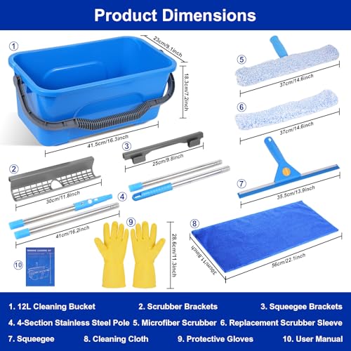 Professional Window Cleaning Kit, Window Washing Kit with 3 Gallon Bucket, 14-Inch Squeegee & 15-Inch Scrubber, 61-Inch Extendable Pole, Window Cleaning Equipment for Home & Commercial (61 inch) - size: 61 inch-1