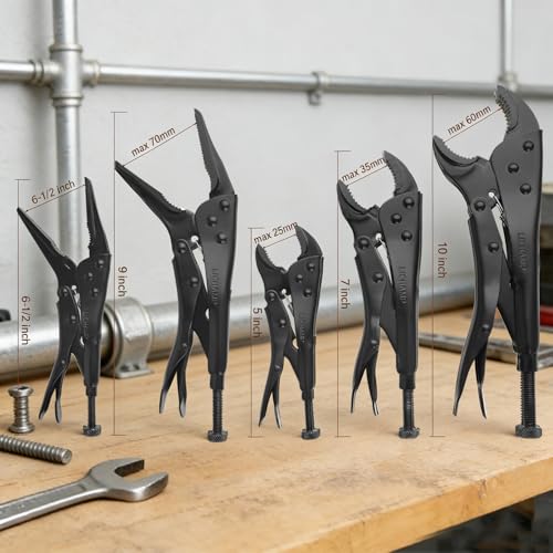 Lichamp 5PCS Vice Locking Pliers Set, 10 9 7 6 5 inches Curved Jaw Vise and Curved Jaw Grip Pliers Set