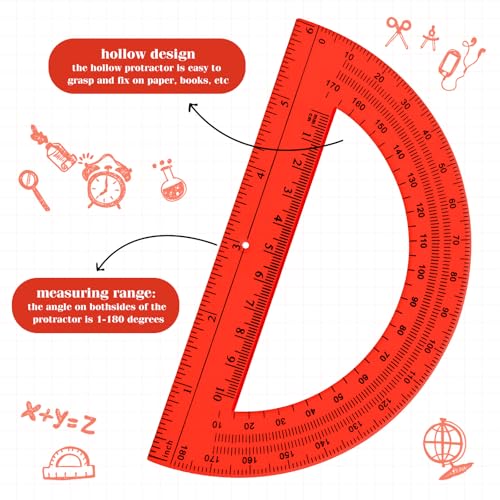 Zonon 2 Pcs 12 Inch Clear Ruler and 6 Inch Plastic Protractor Set, Red - color: Red