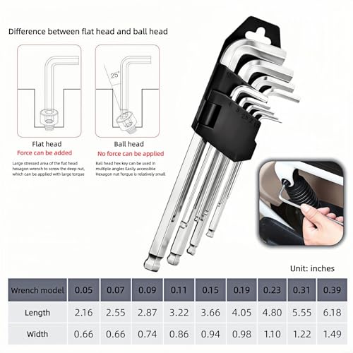 Professional 9-Piece Ball End Hex Key Set, Chrome Vanadium Steel L-Wrenches, 1.5-10mm Metric Sizes, Industrial-Grade with Storage Case for Automotive, Motorcycle, DIY Repair (L) - size: L