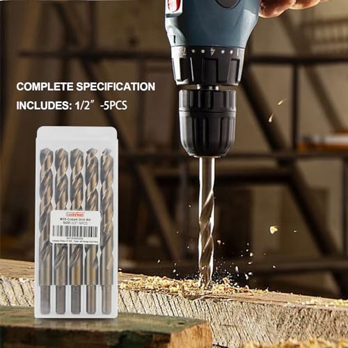 Luckyway 1/2" Cobalt Drill Bit (5 Pcs), Jobber Length Twist Drill Bit Set for Hard Metal, Stainless Steel, Cast Iron, Wood and Plastic, with Storage Case - style: 1/2" (5Pcs) Cobalt Drill Bits