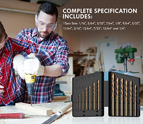 13Pcs(1/16"-1/4") Cobalt Drill Bit Set M35 HSS Jobber Length - size: 13pcs, 1/16"-1/4"