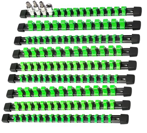 AMM 9-Piece Socket Organizer, 1/2 inch, 3/8 inch and 1/4 inch Drive ABS Tools-Green Socket Holder,Heavy Duty Socket Racks, Premium Quality Socket Clip Rail Holder,The Best Tool Trays in The Garage - color: Green, size: 9PC