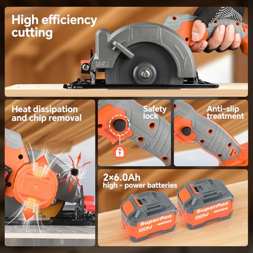 20V Mini Circular Saw Cordless,4-1/2" Compact Wireless Circular Saw 6.0Ah Battery, Fast Charger,6700 RPM, Max Cutting Depth 1-11/16"(90°), 1-1/8"(45°) with 3 Blades
