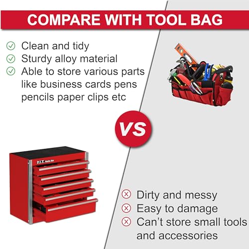 P.I.T. Mini Tool Box,Small Metal Toolbox Organizer with 5 Drawers,Red | 8.6"W X 4.6"D Cute Size,Q235 Steel,Magnetic Locking Mechanism,PVC Drawer Liners - color: Red, size: 5-Drawer