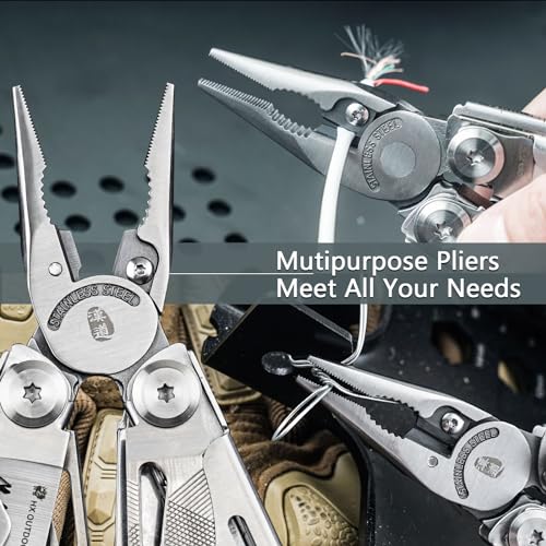 HX OUTDOORS 19 In 1 Multi Tool Pocket Knife Set, Stainless Steel Multitool Pliers with Fire Starter and Glass Breaker, Folding EDC Camping Survival Tools for Men (Silver) - color: Silver