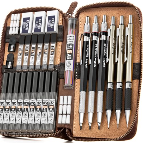 Nicpro 30PCS Art Mechanical Pencil Set in Leather Case - color: Black