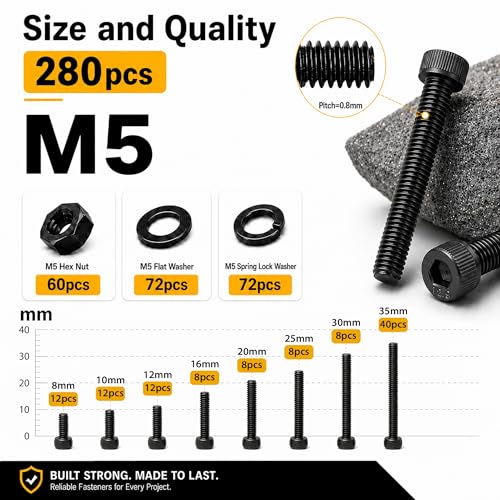 280PCS M5 Screws Kit, M5x8/10/12/16/20/25/30/35mm Hex Socket Head Cap Bolts Nuts & Washers Set, 12.9 Grade Alloy Steel, Black Oxide, M5 Screw for 3D Printer & Repairs - size: M5 280pcs