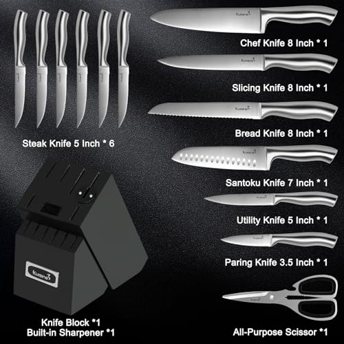 Kuisine Sharp Knife Set,One-piece Molding,Sharper Blade Ergonomic Non-slip Steel Handle,Block Knife Set Chef Knife Set with Built-in Sharpener(Black,15PCS) - color: ET Black