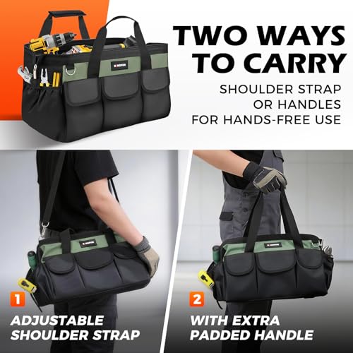 Kingfun 16 Inch Heavy Duty Wide Mouth Tool Bag with 14 Pockets - color: Green