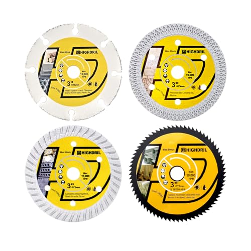 HIGHDRIL 4pcs 3" Circular Saw Blade Set for Metal Tile Marble Plastic Wood | 3" 75mm Diamond/HSS/Carbide Cutting Disc for Angle Grinder Cutting Metal Tile Marble Granite Plastic Concrete Wood - size: MIX 1