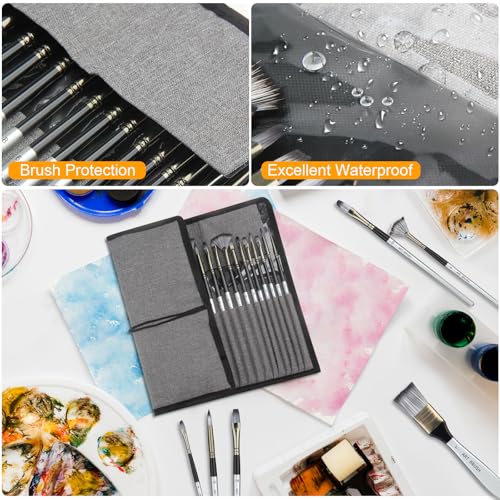 Paint Brushes Set, 24 Pcs Synthetic Acrylic Paint Brushes with Cloth Pouch and Palette Knife, Professional Artist Brushes for Acrylic Painting, Oil, Watercolor, Gouache, Face Painting (Grey)
