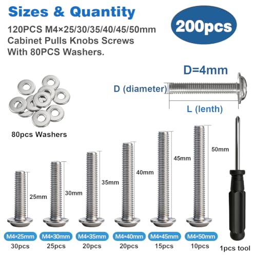 200PCS M4 Cabinet Pulls Knobs Screws,M4 Machine Screws,M4×25/30/35/40/45/50mm Phillips Pan Head Drawer Screws with 80PCS Washers for Kitchen,Bathroom,Furniture Handles Install - size: M4×25/30/35/40/45/50mm