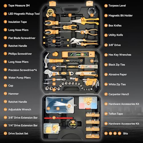 Tool Kit for Home, Basic Tool Set with Magnetic Pickup Tool - color: Three-layer