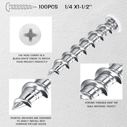Blulu 100 Pcs Drywall Anchors 1/4 X 1-1/2 Inch White Self Drilling Screws - color: White, size: 1/4 x 1-1/2 Inch