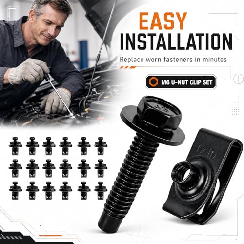 100PCS Automotive Body Bolt & U Nut Kit, M6-1.0 Hex Head Screws with Extruded U-Nuts Clips, Fender Liner, Splash Shield, Engine Under Cover, Bumper & Hood Fastener Assortment (50 Sets) - color: Black M6 x 1.0