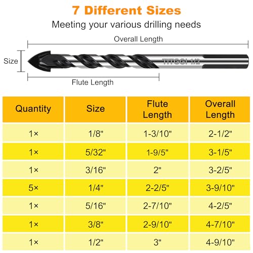 11-Piece Masonry Drill Bit Set & Concrete Drill Bit Set, 7 Sizes, 1/8"-1/2" - size: 11 pcs 1/8"-1/2" Masonry Drill Bit Set
