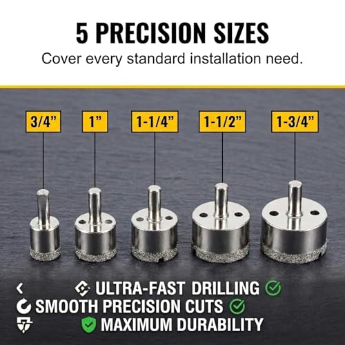 Drilax Diamond Drill Bit Set for Tile Glass Porcelain Granite, 5 Pc Hole Saw Kit with Guide and Case, 3/4 to 1-3/4 Inch Sizes, Clean Cuts for Faucet Drain Planter Holes - style: 5 Pcs Set 3/4" to 1-3/4"