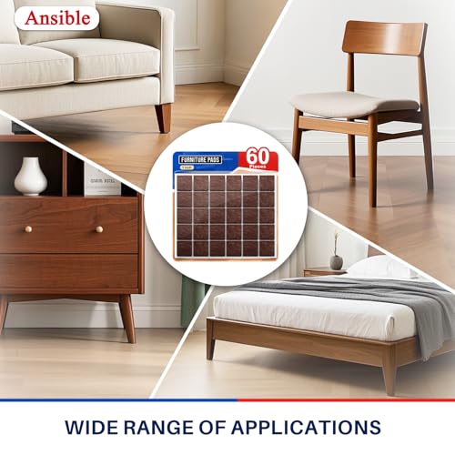 Ansible 60 PCS Felt Furniture Pads 1" for Hardwood Floors - size: 60 PCS 1" Brown, Square